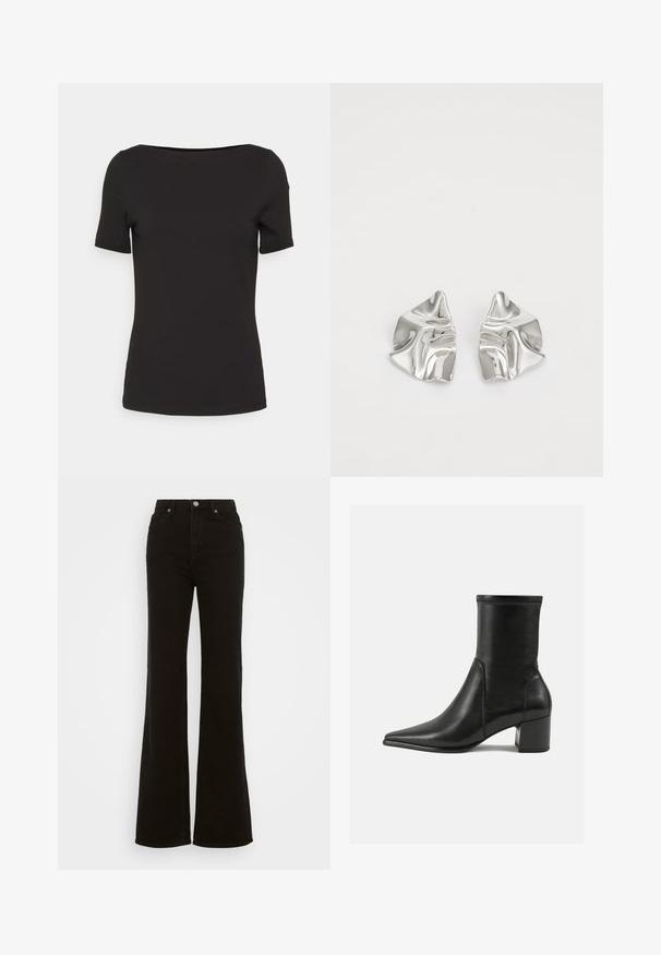 Svetlo bež skrajšana dvojna jakna z širokimi reverji, štirimi črnimi gumbi spredaj in gumbnimi manšetami na dolgih rokavih.; Črna majica s kratkimi rokavi z kvadratnim izrezom, izdelana iz gladkega materiala, z oprijetim krojem in brez vidnih vzorcev ali dodatkov.; Črne flare kavbojke z visokim pasom, izdelane iz denima, s gumbom za zapiranje, stranskimi žepi in gladko teksturo.; Črne gležnjarje iz gladkega usnja, z izostrenim nosom, blokastim peto in izrazitim povišanim šivom na zgornjem robu.; Srebrni kovinski uhani z valovitim, skulpturalnim dizajnom, ki se ponašajo s poliranim zaključkom in nerednimi oblikami, kar poudarja sodobno estetiko.