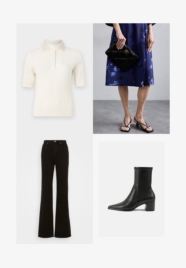 Lichtbeige cropped dubbelknopsgeschakeld jack met brede revers, vier zwarte knopen aan de voorkant en knoopsluiting op de lange mouwen.; Korte mouw gebreide poloshirt in gebroken wit met een geribbelde textuur en een kraag met parelaccent. Voorzien van knoopsluitingen aan de voorkant.; Hoge taille zwarte flared jeans van denim, met een knoopsluiting, zijzakken en een gladde textuur.; Zwarte enkelboot van soepel leer, met een spitse neus, een blokhak en duidelijke verhoogde stiksels aan de bovenrand.; Zwarte gewatteerde clutch met gouden details, gecombineerd met een blauwe bloemenjurk. De jurk heeft een gladde textuur en een lengte tot de knie. Zwarte gekruiste sandalen.