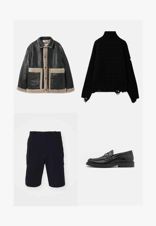 Czarna skórzana kurtka z beżowym futrzanym podszyciem, z dużymi kieszeniami z przodu i klasycznym kołnierzem. Guziki biegną wzdłuż przodu.; Czarny sweter dzianinowy z prążkowanym, wysokim kołnierzem, w paski i postrzępionymi końcówkami. Posiada długie rękawy i luźny krój.; rag & bone - Szorty; Czarne skórzane loafersy z zaokrąglonym noskiem, z ozdobnymi złotymi akcentami i detalami szycia, osadzone na niskiej, teksturowanej gumowej podeszwie.