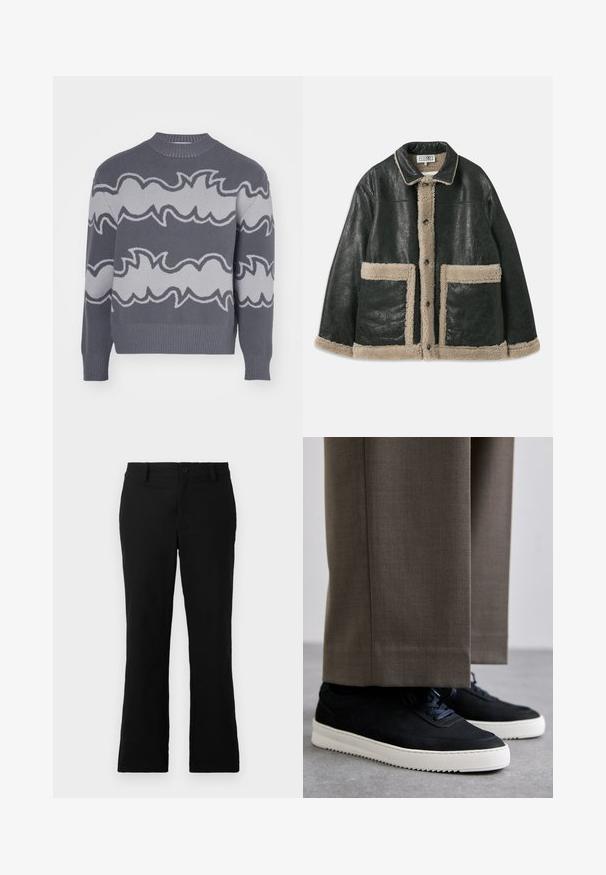 Black leather jacket with a beige shearling lining, featuring large front pockets and a classic collar. Buttons run down the front.; Gray knitted sweater featuring a wavy light gray pattern across the chest. Ribbed crew neck and cuffs, soft texture, regular fit.; Black flared trousers made of cotton blend fabric, featuring a button closure, belt loops, and a smooth texture with no visible patterns.; Black suede sneakers with white rubber soles, featuring a rounded toe and laces, worn with gray tailored pants.