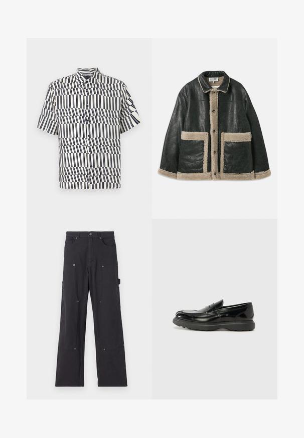 Juodas odinis švarkas su smėlio spalvos avikailio pamušalu, turintis dideles priekinės kišenes ir klasikinius atvartus. Mygtukai eina per visą priekį.; Kreminės spalvos trumpomis rankovėmis mygtukų marškiniai su jūrine vertikalių juostų raštu, turintys bangų modelį, klasikiniu apykakle ir įprasto kirpimo dizainu.; Juodos cargo kelnės, pagamintos iš tvirto audinio, su tiesiomis kojomis, turinčios priekines kišenes, spaudėmis ir šonines naudingas kišenes.; Juodas odinis loaferis su blizgiu paviršiumi, apvaliu pirštu, subtiliais siūlių detalėmis ir storu guminio pado, užtikrinančio ilgaamžiškumą.