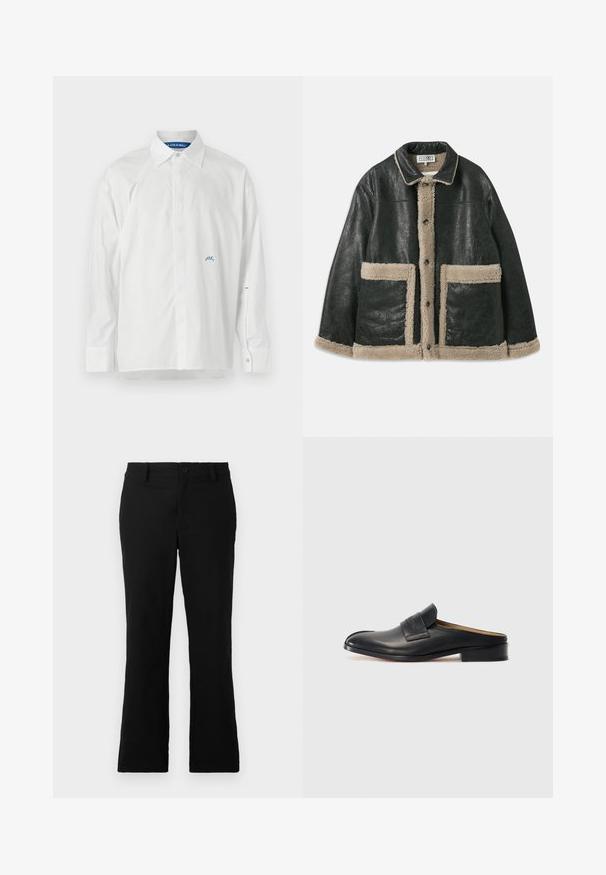 Czarna skórzana kurtka z beżowym futrzanym podszyciem, z dużymi kieszeniami z przodu i klasycznym kołnierzem. Guziki biegną wzdłuż przodu.; Biała koszula z długim rękawem wykonana z bawełny. Posiada spiczasty kołnierzyk, zapięcie na guziki oraz niebieskie logo na klatce piersiowej i rękawie. Miękka w dotyku.; Czarne spodnie z szerokimi nogawkami wykonane z mieszanki bawełny, z zapięciem na guzik, szlufkami na pasek oraz gładką teksturą bez widocznych wzorów.; Czarne skórzane buty wsuwane z okrągłym noskiem, niskim obcasem blokowym i przednim paskiem. Gładka faktura z subtelnym logo na pasku.
