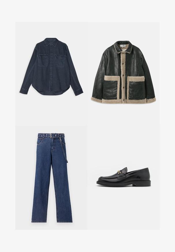 Musta nahkatakki, jossa on vaalea villavuori, suurilla etutaskuilla ja klassisella kauluksella. Nappirivi kulkee edessä.; Tummansininen farkkupaita, jossa on napillinen etuosa, kärjellinen kauluspaita, kaksi rintataskua ja pitkät hihat, joissa on napilliset hihat.; Tummansiniset farkut suoralla lahkeella, joissa on kuvioitu vyö metallisilla reikillä ja samansävyinen vyölenkki.; Musta nahkainen loafers-tyylinen kengät, joissa on pyöreä kärki, kultaiset yksityiskohdat ja ompelutiedot, asetettu matalalle, teksturoidulle kumipohjalle.