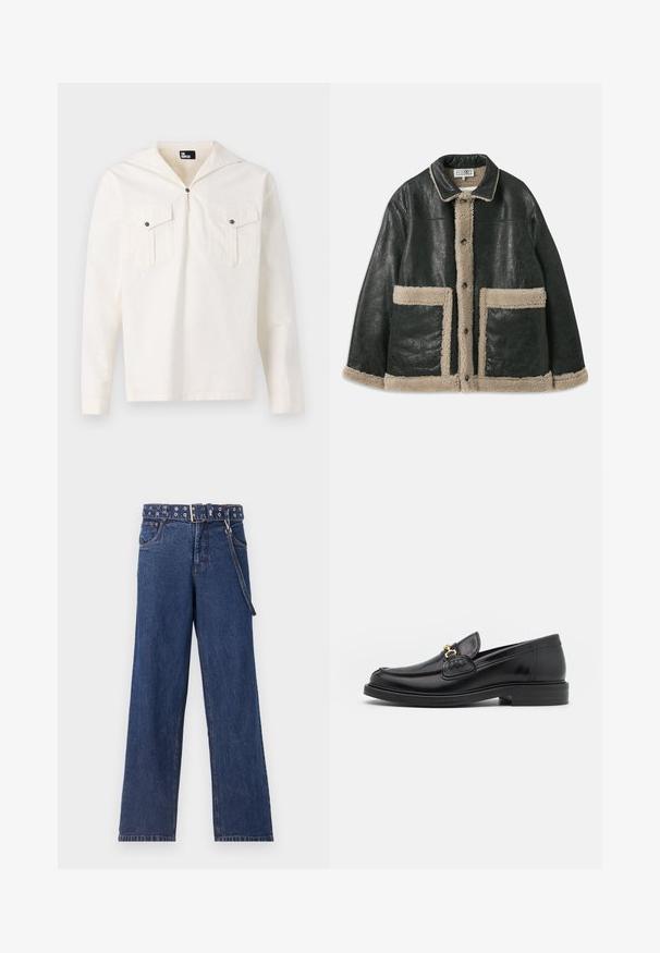 Schwarze Lederjacke mit beigem Lammfellfutter, großen Fronttaschen und klassischem Kragen. Knöpfe verlaufen entlang der Vorderseite.; Langärmliges cremefarbenes Hemd mit Kapuze, vorne mit Knopfverschluss, zwei Brusttaschen mit Klappen und einer glatten Stofftextur.; Dunkelblaue Jeans aus Denim mit geradem Bein, ausgestattet mit einem gemusterten Gürtel mit Metallösen und einer passenden Gürtelschlaufe.; Schwarze Lederleter mit einer abgerundeten Zehenpartie, ausgestattet mit goldenen Hardwareakzenten und Stichdetails, auf einer niedrigen, strukturierten Gummisohle.