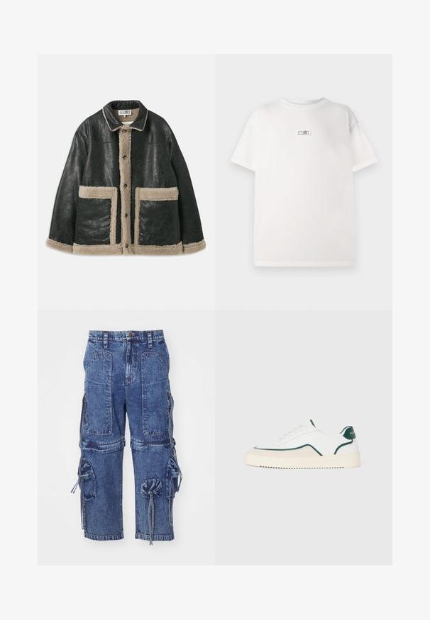 Juodas odinis švarkas su smėlio spalvos avikailio pamušalu, turintis dideles priekinės kišenes ir klasikinius atvartus. Mygtukai eina per visą priekį.; Balta medvilninė marškinėlių su trumpomis rankovėmis, centre esantis mažas spausdintas ženklelis. Atsipalaidavusi forma ir švelni tekstūra.; Mėlyni džinsiniai cargo kelnės su keliomis kišenėmis, raištelių akcentais ir laisvu kirpimu. Ypatumai: išblukusi tekstūra ir mygtukų uždarymas.; Balti žemi baltos sportbačiai su žaliais apvadais, smėlio spalvos zomšos detalėmis ir kreminės spalvos padas su struktūriniais raštais.