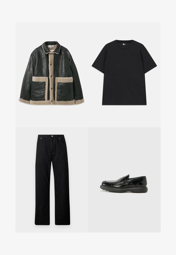 Must musta jakk, millel on beež lambavillane vooder, suure esikottidega ja klassikalise kraega. Ees olevate nööpide rida ulatub piki fronti.; Must värviline lühikeste varrukatega T-särk, mis on valmistatud puuvillast, ümmarguse kaelusega ja väikese logo detailiga allääres. Sile tekstuur, regulaarne lõige.; Mustad mustad, millel on tekstureeritud nahkade muster, sirge jalaga lõige, kaks esikotti ja metallist nööpkinnitus.; Must musta nahk loafer läikiva viimistlusega, ümar varvas, delikaatsed õmblusdetailid ja paks kummist tallad vastupidavuse tagamiseks.