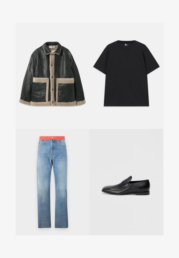 Jachetă din piele neagră cu căptușeală de lână bej, având buzunare mari pe față și un guler clasic. Nasturii se află pe fața jachetei.; Tricou negru cu mânecă scurtă, din bumbac, având un decolteu circular și un mic detaliu cu logo aproape de tiv. Textură netedă, croială normală.; Jeans din denim de culoare albastru deschis, cu croială dreaptă, având un brâu roz aprins și închidere standard cu nasture și fermoar.; Pantofii negri din piele, slip-on, cu vârf ascuțit, textură netedă și branding subtil pe lateral. Toc jos cu un design curat și minimal.