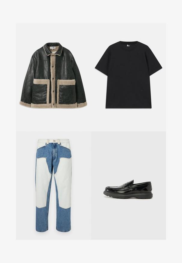 Sort læderjakke med en beige lammeskindsforing, der har store forlommer og en klassisk krave. Knapper løber ned langs forsiden.; Sort kortærmet t-shirt lavet af bomuld, med rund halsudskæring og en lille logo detalje nær kanten. Glat tekstur, normal pasform.; Denim jeans i lys blå farve med hvide kontrastlapper og beige syninger. Lige ben-design med høj talje.; Sort læderloafer med en blank finish, rund tå, subtile syninger og en tyk gummisål for holdbarhed.