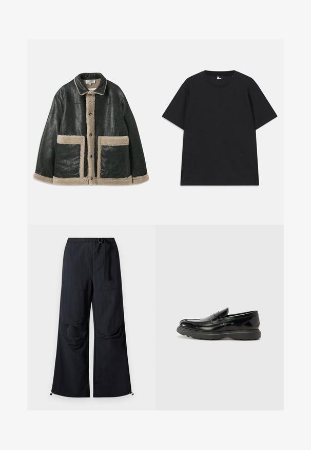 Must musta jakk, millel on beež lambavillane vooder, suure esikottidega ja klassikalise kraega. Ees olevate nööpide rida ulatub piki fronti.; Must värviline lühikeste varrukatega T-särk, mis on valmistatud puuvillast, ümmarguse kaelusega ja väikese logo detailiga allääres. Sile tekstuur, regulaarne lõige.; Mustad laiad mustad püksid kergest kangast, millel on vöö taljes, ees taskud ja reguleeritavad裹näidised nööpidega.; Must musta nahk loafer läikiva viimistlusega, ümar varvas, delikaatsed õmblusdetailid ja paks kummist tallad vastupidavuse tagamiseks.
