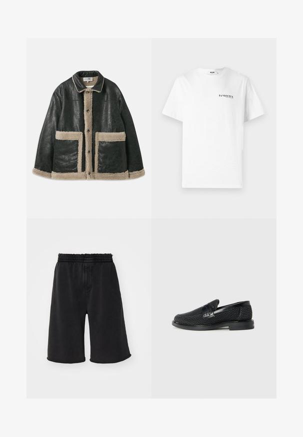 Schwarze Lederjacke mit beigem Lammfellfutter, großen Fronttaschen und klassischem Kragen. Knöpfe verlaufen entlang der Vorderseite.; Weißes Baumwoll-T-Shirt mit Rundhalsausschnitt, versehen mit einem kleinen schwarzen grafischen Text "LA VEDDITA" auf der linken Brustseite.; Helmut Lang UPSTATE - Jogginghose - black; Schwarzer geflochtener Slipper mit einem glatten Lederakzent im Obermaterial, einem runden Zehendesign und einer flachen Gummisohle.