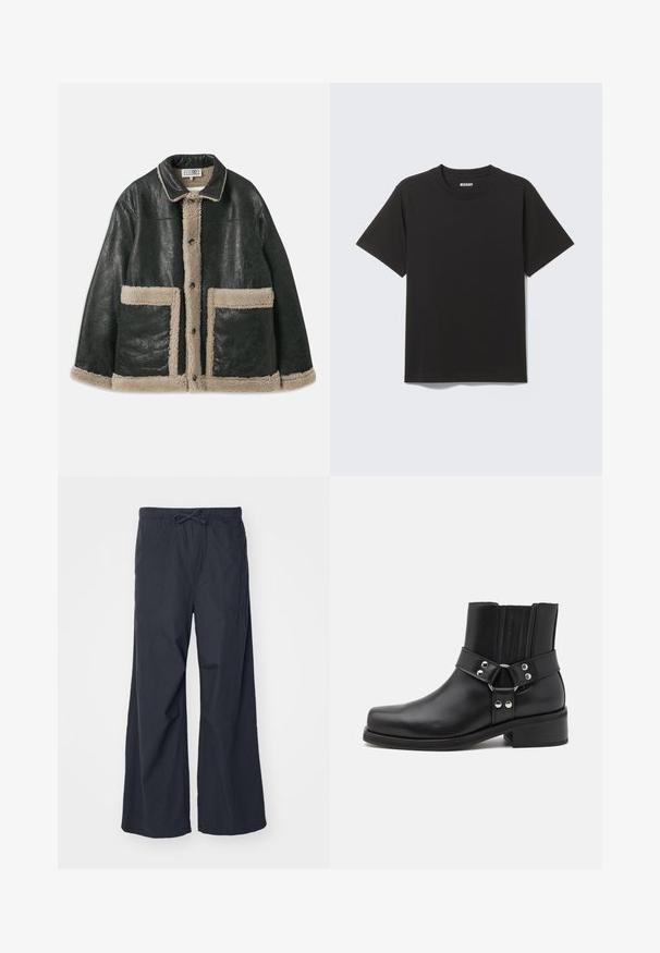 Must musta jakk, millel on beež lambavillane vooder, suure esikottidega ja klassikalise kraega. Ees olevate nööpide rida ulatub piki fronti.; Mustast pehmest puuvillast lühikeste varrukatega T-särk, millel on ümargune kaelus ja lihtne disain ilma mustrite või aktsentideta.; Laiad püksid mustast kangast, millel on elastne vöökoht ja nöör, ning kaks külgtaskut. Sile tekstuur ja muretu disain.; The Kooples CHAUSSURES - Kauboi/mootorratturi poolsaapad - black