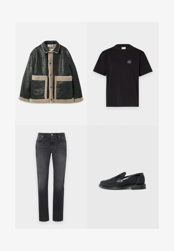 Čierna kožená bunda s béžovým ovčím kožuchom, so širokými prednými vreckami a klasickým golierom. Po celej dĺžke sú gombíky.; Čierne bavlnené tričko s okrúhlym výstrihom a krátkymi rukávmi. Obsahuje malú modrú nášivku na ľavej hrudi. Jednoduchý, rovný strih.; Sivé deniny s klasickým rovno strihaným dizajnom, s prednými vreckami, zipsom a malou značkovou nálepkou nad pravým vreckom.; Čierne tkané slip-on topánky s hladkým koženým akcentom na vrchnej časti, s okrúlym dizajnom špičky a nízkoprofilovou gumovou podrážkou.