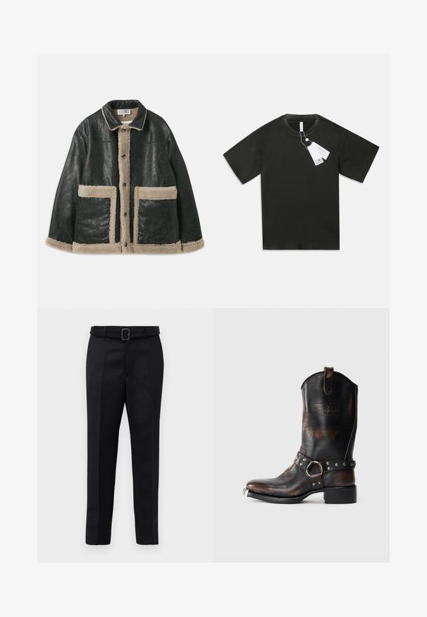 Must musta jakk, millel on beež lambavillane vooder, suure esikottidega ja klassikalise kraega. Ees olevate nööpide rida ulatub piki fronti.; Must värvi lühikeste varrukatega puuvillane T-särk ümmarguse kaelakaelusega, millelt ripub valge tootetagi, tavalise valge tausta peal.; Mustad mustad püksid on valmistatud siledast kangast, sirgelt lõigatud ja beldiga vöökoht, millel on ristkülikukujuline pandla. Märkimisväärsed esisellukid täiustavad disaini.; Must mustangi musta nahast saabas pruuni kulumisega, dekoratiivne rihm metallist nupud ja rõngas ning metallist varvaste kate valgel taustal.