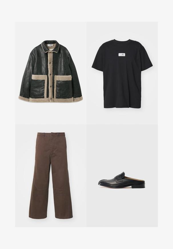 Must musta jakk, millel on beež lambavillane vooder, suure esikottidega ja klassikalise kraega. Ees olevate nööpide rida ulatub piki fronti.; Must tokk T-särk mustas, ümar kaelus, lühikesed varrukad ja ristkülikukujuline valge sildil, millel on numbrid ja graafiline disain.; Pruunid laiad püksid, mis on valmistatud vastupidavast puuvillast. Omavad esipoolse tasku detaile ja tugevdusõmblusi põlvedel, et suurendada funktsionaalsust.; Must musta libisemisega king, ümarate varvaste ja madala ploki kandaga, millel on eesmine rihm. Sile tekstuur koos peene logo detailiga rihmal.