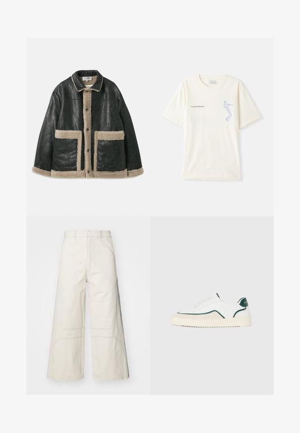 Melna ādas jaka ar bēša vilnas oderi, kurai ir lielas priekšējās kabatas un klasiska apkakle. Pogas ir izvietotas uz priekšu.; Balts kokvilnas T-krekls ar īsām piedurknēm, ar melnu un zilu grafiku "United By Rhythm" uz krūtīm. Apaļš kakla izgriezums.; A-COLD-WALL* FORMAT PANT - Auduma bikses - beige bone; Baltās zemas tenisa kedas ar zaļām malām, beigu zamšādas detaļām un krēmkrāsas zoli ar rievotu apakšu.