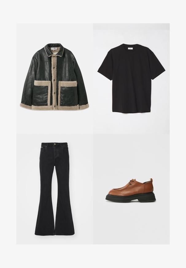 Must musta jakk, millel on beež lambavillane vooder, suure esikottidega ja klassikalise kraega. Ees olevate nööpide rida ulatub piki fronti.; Must must t-särk, millel on ümmargune kaelus, lühikesed varrukad ja lõdva soe. Lihtne disain, sile tekstuur ja nähtamatud mustrid või logod.; EYTYS CYRUS RAVEN - Alt laienevad teksad - black; Pruun nahast king, ümarate varvastega, lukkude kujundusega ja paksu musta kihtidega tallaga. Tõstatab esile oma struktureeritud silueti ja tekstuuri.