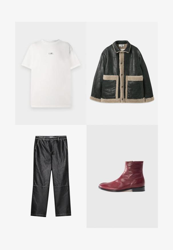 Černá kožená bunda s béžovou ovčí podšívkou, má velké přední kapsy a klasický límec. Po celé délce se zapíná na knoflíky.; Bílý bavlněný tričko s malou tištěnou nášivkou uprostřed. Krátké rukávy a volný střih s hladkou strukturou.; Černé kalhoty z faux kůže, široké nohavice, s detaily šití a předními kapsami, s hladkou, mírně lesklou texturou.; Burgundské kožené kotníkové boty s hladkým povrchem, bočním zipem, kulatou špičkou a nízkým černým podpatkem, s jemnými vráskami a minimálním prošitím.