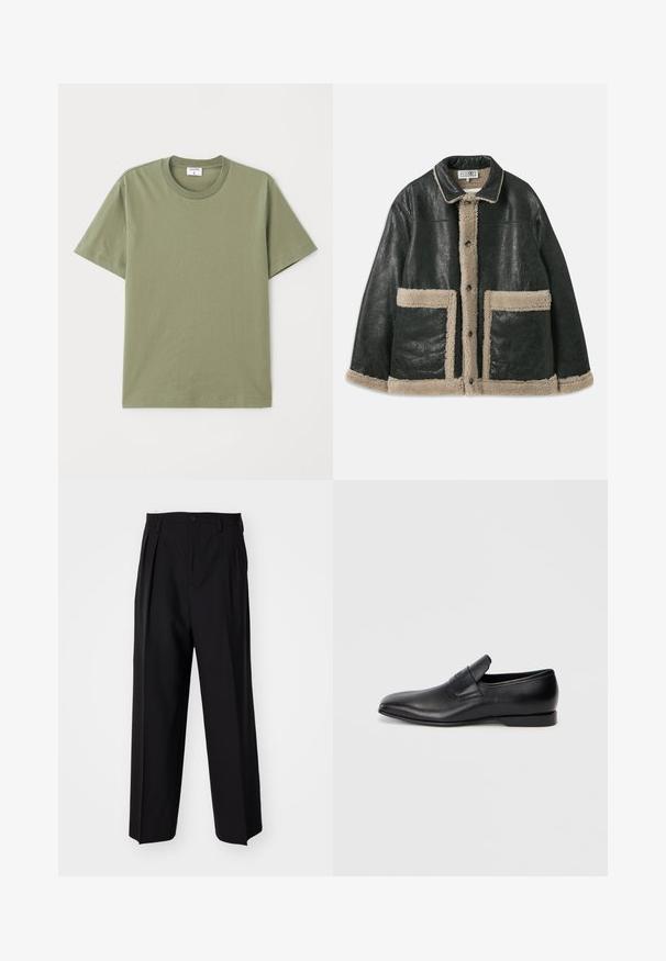 Black leather jacket with a beige shearling lining, featuring large front pockets and a classic collar. Buttons run down the front.; Olive green short-sleeve t-shirt crafted from soft cotton, featuring a round neckline and simple, clean design without patterns or accents.; Black pleated trousers with a straight, wide-leg design. Made from smooth fabric, featuring a button closure and belt loops.; Black leather slip-on shoe with a pointed toe, smooth texture, and subtle branding on the side. Low heel with a clean, minimal design.