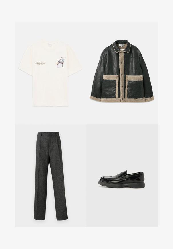 Černá kožená bunda s béžovou ovčí podšívkou, má velké přední kapsy a klasický límec. Po celé délce se zapíná na knoflíky.; Krémové tričko s malým potiskem dvou hudebníků, jeden hraje na trumpetě a druhý na bicí, a textem "Filling Pieces 'Spojeni rytmem'".; Šedé kalhoty na míru vyrobené z texturované tkaniny, s dvěma předními záhyby a rovnými nohavicemi. Bez viditelných kapes nebo ozdob.; Černé kožené mokasíny s lesklým povrchem, kulatou špičkou, nenápadnými švy a silnou gumovou podrážkou pro odolnost.