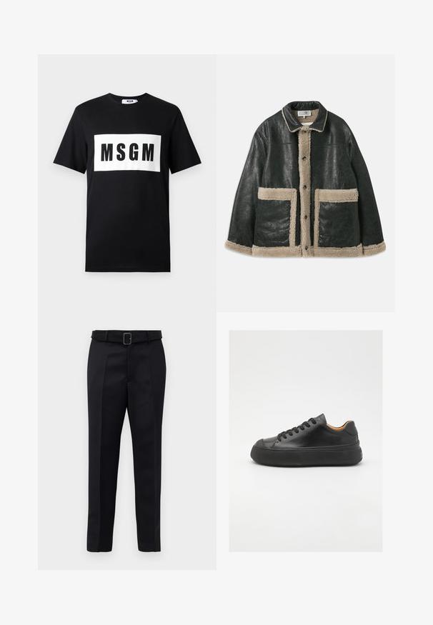 Czarna skórzana kurtka z beżowym futrzanym podszyciem, z dużymi kieszeniami z przodu i klasycznym kołnierzem. Guziki biegną wzdłuż przodu.; Czarna bawełniana koszulka z krótkim rękawem, z białym prostokątnym logo z napisem "MSGM" wytłoczonym czarnymi literami na przodzie.; Czarne dopasowane spodnie charakteryzują się gładkim materiałem, prostym krojem oraz paskiem w talii z prostokątną klamrą. Wyróżniające się przednie pliski podkreślają design.; Czarne skórzane trampki z okrągłym noskiem, sznurowanym przodem, gładką teksturą, grubą gumową podeszwą i kontrastującym, tanowym wnętrzem.