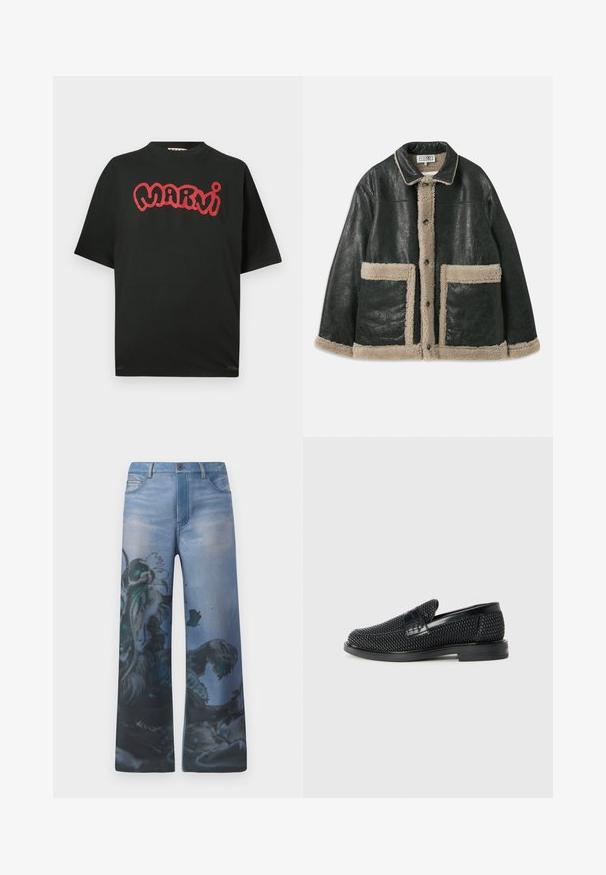 Μαύρο δερμάτινο μπουφάν με μπεζ επένδυση από γούνινο ύφασμα, με μεγάλα μπροστινά τσέπες και κλασικό γιακά. Κουμπιά κατά μήκος της μπροστινής πλευράς.; Μαύρο κοντομάνικο T-shirt με κόκκινο στυλιζαρισμένο κείμενο «Marni» στο στήθος, με στρογγυλή λαιμόκοψη και άνετη εφαρμογή.; Γεννήτριες παντελόνια σε ξεθωριασμένο μπλε τζιν με περίπλοκο γραφικό σχέδιο που περιλαμβάνει μια λεπτομερή σχεδίαση σε μαύρες και πετρόλ αποχρώσεις σε ένα πόδι.; Μαύρο πλεκτό παπούτσι slip-on με λείο δερμάτινο στοιχείο στο άνω μέρος, στρογγυλή μύτη και χαμηλό καουτσούκ πάτο.