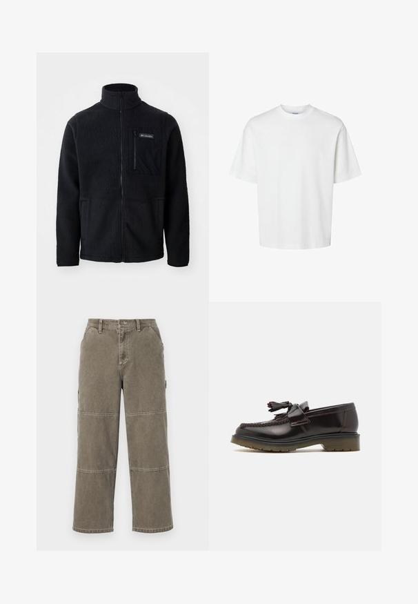Mustat fleece-takit korkealla kauluksella, täysimittaisella vetoketjulla ja vetoketjullisella rintataskulla. Teksturoitu, pehmeä kangas, jossa on vähäisiä saumoja.; Valkoinen puuvillapaita lyhyillä hihoilla, pyöreällä kaula-aukolta ja rentoa istuvuutta. Sujuva pinta ilman näkyviä kuvioita tai korostuksia.; Puuvillaiset cargo-housut hillityn oliivinvihreinä, leveillä lahkeilla, tuplapistettynä varustettuna ja sivutaskuilla, napin suljenta sekä vyölenkit.; Ruske nahkate loafere z woveno zasnovo, z detajlom v obliki resic in ravnim gumijastim podplatom. Imajo gladek zaključek in kontrastno šivanje.