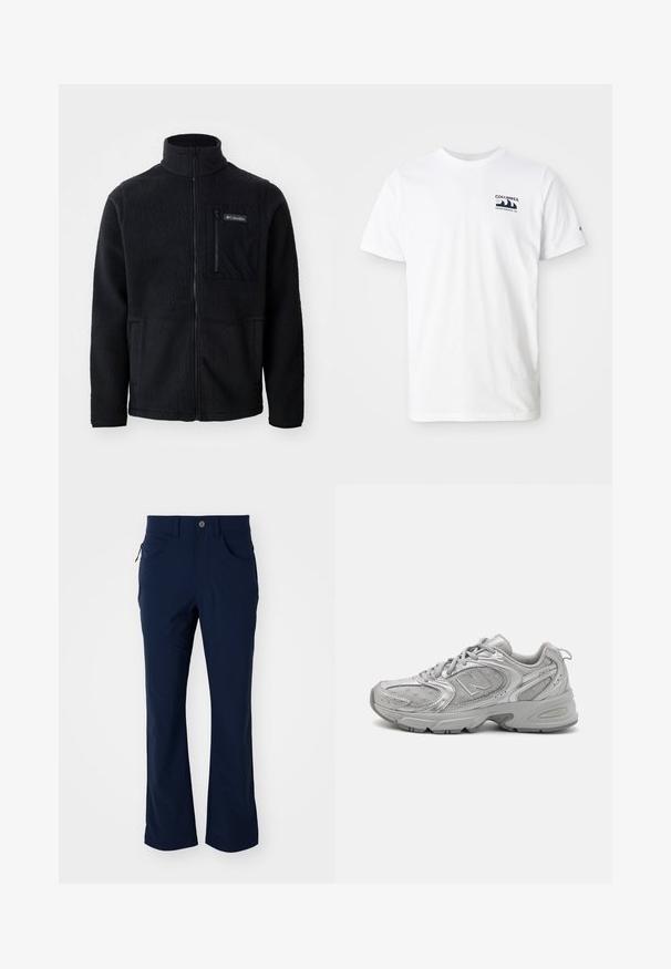 Czarna polarowa kurtka z wysokim kołnierzem, pełnym zamkiem błyskawicznym z przodu oraz zamykaną na zamek kieszenią na piersi. Teksturowany, miękki materiał z minimalną ilością szwów.; Biała bawełniana koszulka z krótkim rękawem. Posiada granatowe logo na lewej piersi. Prosty krój z okrągłym dekoltem, gładka tekstura.; Granatowe spodnie o prostym kroju z pętelkami na pasek, z zapięciem na guzik, przednimi kieszeniami oraz kieszenią na zamek po boku na białym tle.; Srebrny but sportowy o eleganckim designie, panelach z siateczki, wyściełanym języku, teksturowanej syntetycznej cholewce oraz gumowej podeszwie dla lepszej przyczepności.