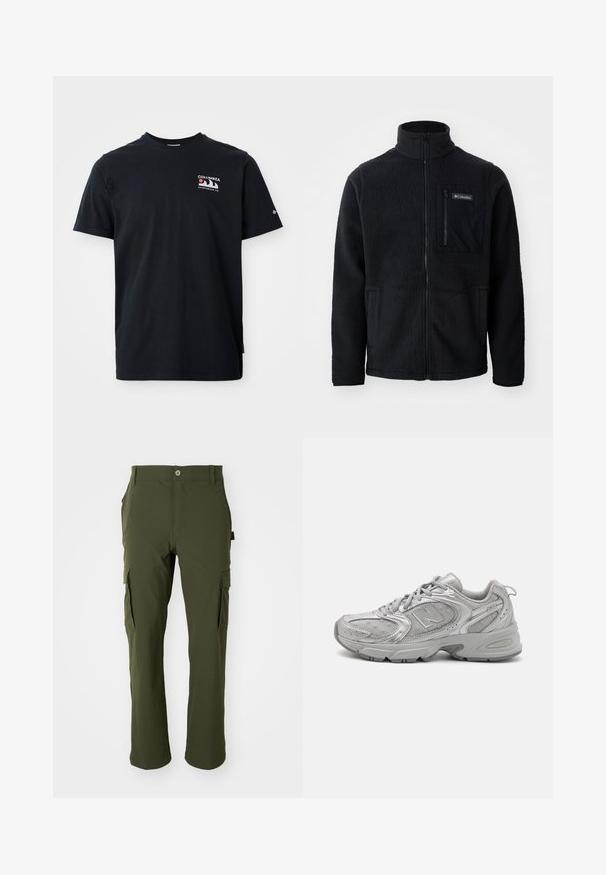 Must musta jope kõrge kaelusega, täispikk tõmblukk ja tõmblukuga rinna-tasku. Tekstuuriga, pehme kangas minimaalsed õmblused.; Must musta t-särk lühikeste varrukatega. Omab graafilist logo punases, valges ja sinises värvitoonis vasakul rinnal. Sile tekstuur, ümar kaelus.; Oliivrohelised cargo püksid, mis on valmistatud kergest kangast. Omavad sirgeid jalgu, mitu külgtaskut ja nööbiga kinnitust taljes.; Hõbedane sportlik jalanõud, millel on stiilne disain, võrkpaneelid, pehmendatud keel, tekstureeritud sünteetiline pealmine osa ja kummist välistald haardumise tagamiseks.