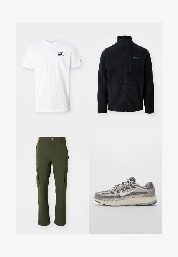 Schwarze Fleecejacke mit hohem Kragen, durchgehendem Reißverschluss und einer Reißverschlusstasche auf der Brust. Strukturiertes, weiches Material mit minimalen Nähten.; Weißes Baumwoll-T-Shirt mit kurzen Ärmeln. Verfügt über ein dunkelblaues Logo auf der linken Brust. Einfaches Rundhals-Design, weiche Struktur.; Olivgrüne Cargo-Hosen aus leichtem Stoff. Sie verfügen über gerade Beine, mehrere Seitentaschen und einen Knopfverschluss an der Taille.; Grauer Sportschuh mit einem Obermaterial aus Mesh und Wildleder, weißen Akzenten, einer gepolsterten Sohle und einem charakteristischen Design mit reflektierenden Elementen.