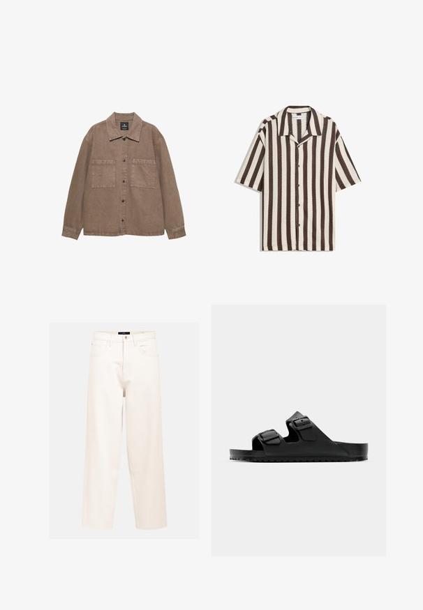 Barna pamut ing, gombos elülső résszel, klasszikus gallérral, két foltvarrott zsebbel és látható varrási részletekkel.; Rövid ujjú, gombos ing barna és bézs függőleges csíkokkal és széles gallérral, fehér háttéren kifektetve.; Világos bézs színű, bő szabású farmernadrág, pamut denim anyagból, magas derékkal, öt zsebes kialakítással és egy elülső gombbal.; Fekete szandál, két állítható pánttal, szintetikus anyagból készült. Texturált talpbetéttel és tartós gumitalppal rendelkezik, amely jó tapadást biztosít.