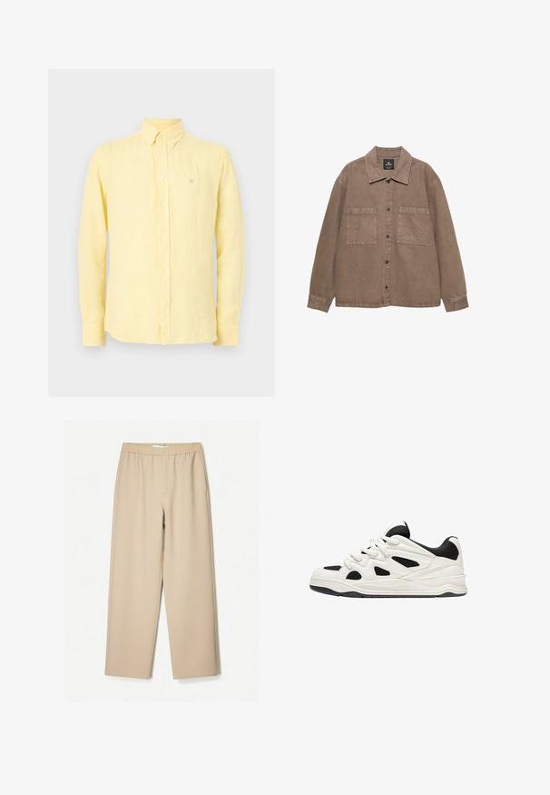 Camicia overshirt in cotone marrone con chiusura a bottoni, colletto classico, due tasche applicate e dettagli di cucitura a vista.; Camicia a maniche lunghe in lino giallo con colletto a punta, bottoni frontali e piccolo logo blu sul petto. Texture liscia, design casual.; Pantaloni a gamba larga beige con vita elastica, realizzati in tessuto morbido, caratterizzati da una texture liscia e dettagli di cucitura minimi.; Scarpe da ginnastica bianche e nere con suola testurizzata, caratterizzate da intagli sui lati e lacci, e una schiena imbottita per il supporto.