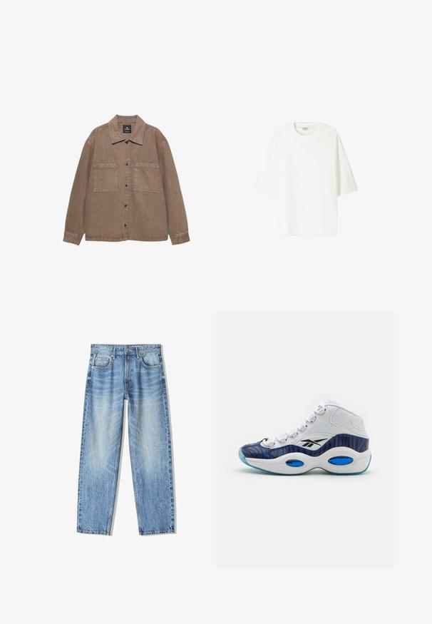 Brązowa bawełniana koszula overshirt z zapinaniem na guziki, klasycznym kołnierzykiem, dwiema naszytymi kieszeniami i widocznymi detalami stębnowania.; Biała koszulka z krótkim rękawem wykonana z bawełny, z okrągłym dekoltem i luźnym krojem oraz prostym wykończeniem hemu.; Jasnoniebieskie dżinsy o luźnym kroju, prostych nogawkach, pięcioma kieszeniami i wyblakłej fakturze. Zawierają zamek błyskawiczny i zapięcie na guziki z przodu.; Wysoki but sportowy z białą skórzaną cholewką, niebiesko-czarnym wzorem w zebry, z przezroczystą, jasnoniebieską podeszwą.