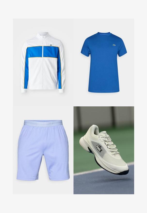 Λευκή ζακέτα τζακάρ με φερμουάρ, με μπλε πάνελ στο στήθος, κίτρινη διακόσμηση και λογότυπο Lacoste. Διαθέτει στάντ κολάρο και ριμπ μανίκια.; Μπλε κοντομάνικο μπλουζάκι με στρογγυλή λαιμόκοψη και μικρό πράσινο λογότυπο κροκόδειλου στο αριστερό στήθος, απλός σχεδιασμός μπροστά.; Απαλές μπλε αθλητικές βερμούδες με ελαστική μέση και σχέδιο καρό. Κατασκευασμένες από μαλακό, ελαστικό ύφασμα για άνεση και ευκινησία.; Λευκό αθλητικό παπούτσι με διχτυωτό επάνω μέρος, μαύρες λεπτομέρειες, υφή στη σόλα και έντονο λογότυπο στο πλάι, τοποθετημένο σε φόντο γηπέδου.