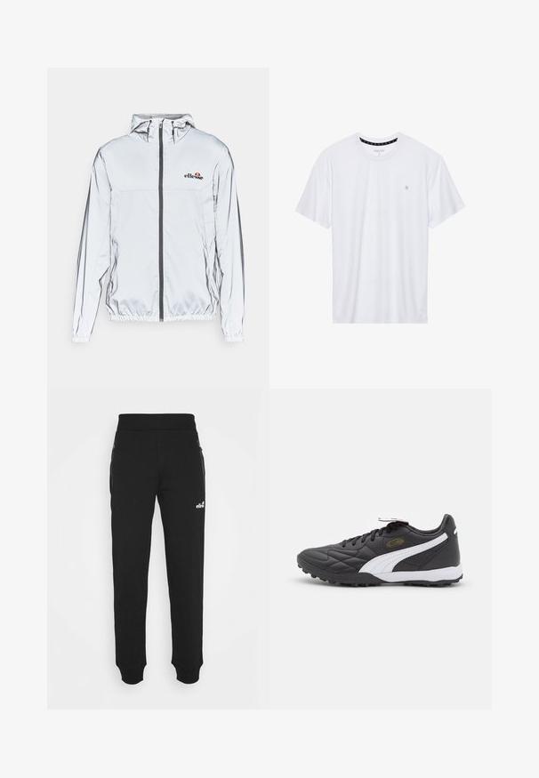 Giacca leggera argento con cappuccio, zip nera e orlo elastico. Presenta un logo sul petto e una superficie in tessuto liscia e riflettente.; T-shirt bianca a girocollo realizzata in cotone, con maniche corte e un piccolo logo ricamato sulla parte sinistra del petto. Texture morbida.; Pantaloni della tuta neri realizzati in un tessuto morbido presentano un design con gamba affusolata, vita elastica, tasche laterali con cerniera e un piccolo logo decorativo.; Scarpe da calcio nere con texture trapuntata, dotate di accenti bianchi e colletto imbottito. Suola in gomma progettata per la trazione. Dettaglio logo dorato.