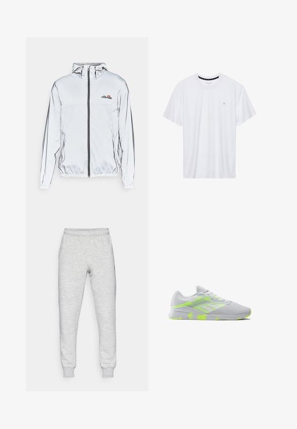 Lengvas sidabrinis švarkas su kapuce, juoda užtrauktuku ir elastinga apačia. Yra logotipas krūtinėje ir sklandus, atspindintis audinio paviršius.; Balta apvalios kaklo marškinėliai, pagaminti iš medvilnės, su trumpomis rankovėmis ir mažuoju logotipu, išsiuvinėtu kairėje krūtinės pusėje. Minkštas audinys.; Pilkos sportinės kelnės, pagamintos iš minkštos medvilnės mišinio, su elastinga juosmens juosta, siaurėjančiomis kojomis ir mažu logotipu kairėje kišenėje.; Pilkas sportinis batai su tinkliniu viršumi, ryškiai žaliais akcentais, tekstūruota padu ir logotipu šone. Pasižymi lengvu, lanksčiu dizainu.