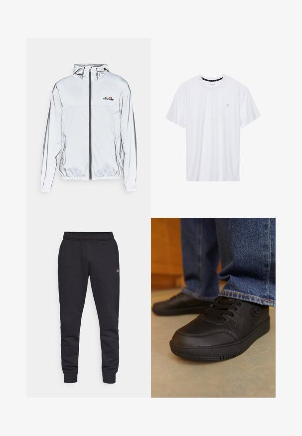 Veste argentée légère avec capuche, fermeture éclair noire et ourlet élastique. Présente un logo sur la poitrine et un tissu lisse avec texture réfléchissante.; T-shirt blanc à col rond en coton, avec des manches courtes et un petit logo brodé sur la partie gauche de la poitrine. Texture douce.; Pantalons de survêtement en coton noir avec une taille élastique et des poignets élastiques. Détails du logo sur le côté. Texture lisse, design effilé.; Baskets noires en matériau synthétique lisse. Présentent un système de laçage et des accents texturés sur la tige. Semelle en caoutchouc avec motif de crans.