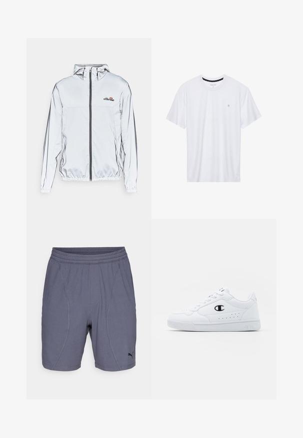 Vieglu sudraba jaku ar kapuci, melnu rāvējslēdzēju un elastīgu apakšmalu. Ievērojams logo uz krūtīm un gluda, atstarojoša auduma tekstūra.; Balts krekliņš ar apaļu kakla izgriezumu, izgatavots no kokvilnas, ar īsām piedurknēm un mazu logo izšuvumu kreisajā krūtīs. Mīksta tekstūra.; Pelēki sporta šorti, izgatavoti no viegla auduma, ar gludu tekstūru, elastīgu jostu un melnu Puma logo apakšējā kreisajā stūrī.; Baltas sporta apavi ar gludu sintētisku augšdaļu, melnu logotipa akcentu un perforētu apdari sānos. Gumijas zole.