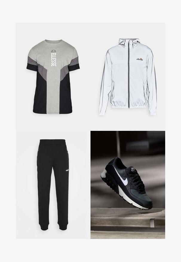 Lengvas sidabrinis švarkas su kapuce, juoda užtrauktuku ir elastinga apačia. Yra logotipas krūtinėje ir sklandus, atspindintis audinio paviršius.; Pilkas ir juodas trumpomis rankovėmis marškinėliai su spalvų blokų dizainu; turi baltą vertikalią tekstą su logotipu; audinys atrodo lygus ir lengvas.; Juodos sportinės kelnės, pagamintos iš minkštos medžiagos, turi siaurėjančius kojų šonus, elastinę juostą, šonines kišenes su užtrauktukais ir mažą logotipo akcentą.; Juoda ir žalia sportinė avalynė su raštuotu tinklu viršuje, balta Swoosh logotipas, paminkštinta apykaklė ir matoma oro pagalvė pado viduje.