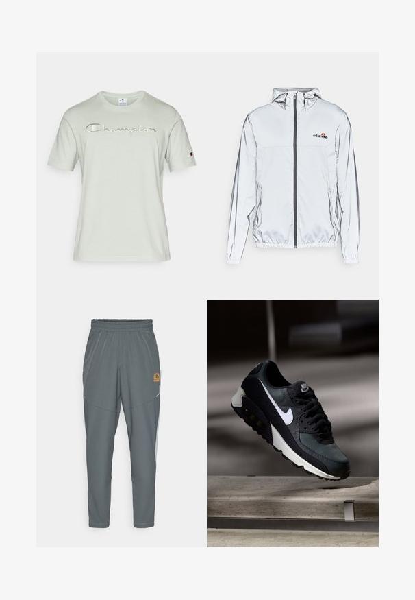 Lett sølvjakke med hette, svart glidelås og elastisk kant. Har logo på brystet og glatt, reflekterende tekstur.; Mintgrønn T-skjorte i myk bomull, med et brodert "Champion"-logo i en litt mørkere nyanse, korte ermer og rund hals.; Grå treningsbukser med elastisk midje, smal design, reflekterende detaljer, og en liten gul logo på forsiden av venstre lår.; Svart og grønn sneakers med et mønstret mesh-overdel, hvit swoosh-logo, polstret krage og en synlig luftdemping i sålen.