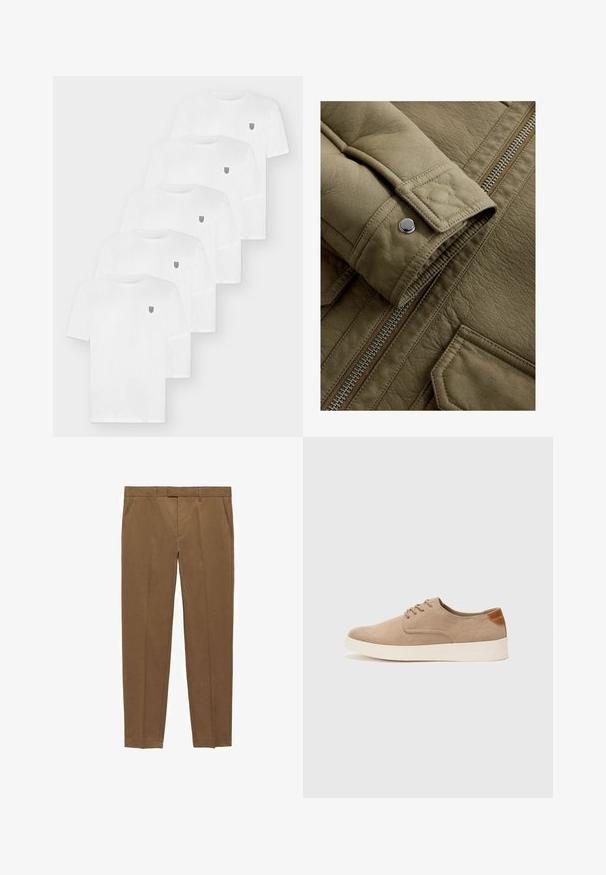 Maslinasto zelena kožna jakna s teksturiranim završetkom, koja ima zatvaranje na patentni zatvarač i detalje s kopčama na manžetama.; Pet bijelih pamučnih majica kratkih rukava. Svaka ima mali amblem na lijevoj strani prsa. Klasični dizajn s okruglim izrezom.; Smeđi krojeni hlače od glatkog materijala, s ravnim prednjim dijelom, ravnim nogavicama, petljama za remen i bočnim džepovima.; Bež nubuk tenisice s okruglim vrhom, vezanjem sprijeda i teksturiranim stražnjim naglaskom. Bijela gumena potpetica pruža kontrast. Jednostavan i moderan dizajn.
