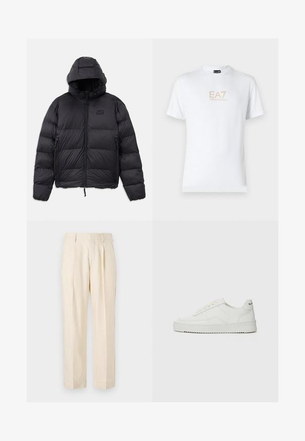 Schwarze Pufferjacke mit Kapuze, die eine kastige Form, gepolsterte Abschnitte, Reißverschlusstaschen und ein kleines Logo-Patch auf der Brust hat.; Weißes Baumwoll-T-Shirt mit Rundhalsausschnitt und kurzen Ärmeln, mit einem goldenen EA7 Emporio Armani-Logo auf der Vorderseite.; NN.07 KAY - Stoffhose - off white; Weiße Ledersneaker mit glatter Oberfläche, runder Zehenpartie, flachen Schnürsenkeln und strukturiertem Sohlenprofil. Mit einem dezenten Logo an der Ferse.