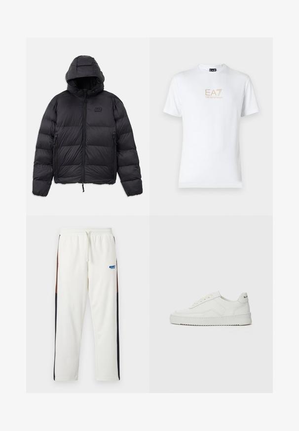 Čierna zateplená bunda s kapucňou, má hranatý strih, prešívané časti, zipsové vrecká a malú logo nášivku na hrudi.; Biela bavlnená tričko s okrúhlym výstrihom a krátkymi rukávmi, na prednej strane s potlačou zlatého loga EA7 Emporio Armani.; Biele teplákové nohavice s pásom na šnúrku, majú hnedé a tmavomodré bočné panely. Mäkká tkanina s modrým logom na ľavom stehne.; Biele kožené tenisky s hladkým povrchom, okrúly špičkový dizajn, ploché šnúrky a textúrovaná podrážka. Obsahujú jemné logo na päte.
