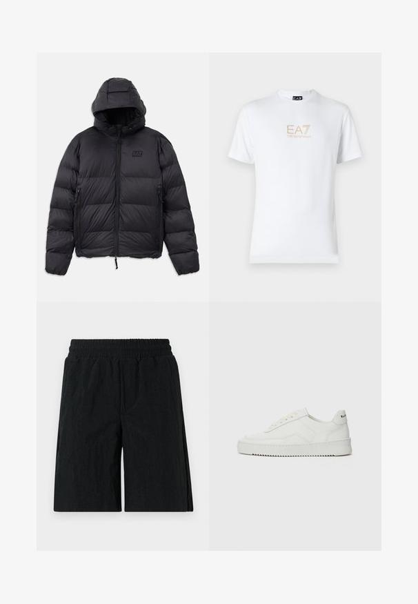 Černá péřová bunda s kapucí, s kvadratickým střihem, prošívanými částmi, zipovými kapsami a malou logem na hrudníku.; Bílé bavlněné tričko s kulatým výstřihem a krátkým rukávem, na přední straně s potiskem zlatého loga EA7 Emporio Armani.; Černé kraťasy s elastickým pasem, vyrobené z texturované látky, délka do kolen a bočními kapsami.; Bílé kožené tenisky s hladkým povrchem, kulatou špičkou, plochými tkaničkami a texturovanou podrážkou. Na patě se nachází nenápadné logo.