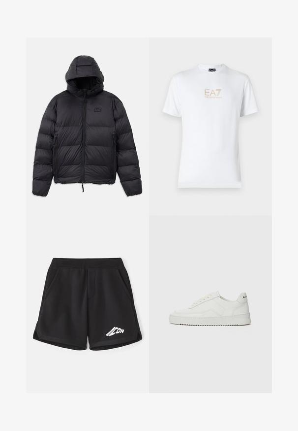Black puffer jacket with a hood, featuring a boxy shape, quilted sections, zippered pockets, and a small logo patch on the chest.; White cotton t-shirt featuring a round neckline and short sleeves, with a gold EA7 Emporio Armani logo printed on the front.; Black athletic shorts made of soft fabric with an elastic waistband. Featuring side pockets and a white logo on the front.; White leather sneaker with a smooth finish, round toe, flat laces, and a textured sole. Features a subtle logo on the heel.