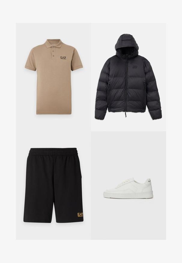 Mustan värvi puffjakker, millel on kapuuts, ruudukujuline siluett, tikitud osad, lukuga taskud ja väike logo plaastriga rinnal.; Pruun puuvillane polo-särk, millel on kolme nupuga plastron ja vasakul rinnal väike must EA7 logo. Lühikesed varrukad.; Mustad mustad lühikesed püksid, mis on valmistatud pehmest kangast. Omavad elastset vöökohta ja väikest kollast EA7 logo vasakul jalal.; Valge nahast tennis, millel on sile põhi, ümar varvas, lamedad nöörid ja tekstuuriline tall. Sisaldab diskreetset logo kontsaribal.