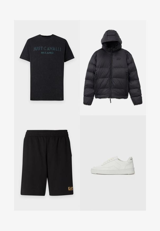Μαύρο μπουφάν φούτερ με κουκούλα, με κουτί σχήμα, καπιτονέ τμήματα, τσέπες με φερμουάρ και μια μικρή λογοτύπηση στο στήθος.; Μαύρο βαμβακερό t-shirt με το "JUST CAVALLI MILANO" σε λαμπερή μπλε κεντητή γραφή στο στήθος, με στρογγυλή λαιμόκοψη και χαλαρή εφαρμογή.; Μαύρες αθλητικές βερμούδες από μαλακό ύφασμα, με ελαστική μέση και μικρό λογότυπο EA7 στο κάτω αριστερό πόδι.; Λευκό δερμάτινο sneakers με λείο φινίρισμα, στρογγυλή μύτη, επίπεδα κορδόνια και υφή στην σόλα. Φέρει μια διακριτική λογότυπο στη φτέρνα.