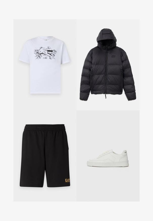 Μαύρο μπουφάν φούτερ με κουκούλα, με κουτί σχήμα, καπιτονέ τμήματα, τσέπες με φερμουάρ και μια μικρή λογοτύπηση στο στήθος.; Λευκό βαμβακερό T-shirt με μαύρο σχέδιο ενός κουνελιού με γυαλιά ηλίου, περιτριγυρισμένο από χόρτο και τοπικά στοιχεία.; Μαύρες αθλητικές βερμούδες από μαλακό ύφασμα, με ελαστική μέση και μικρό λογότυπο EA7 στο κάτω αριστερό πόδι.; Λευκό δερμάτινο sneakers με λείο φινίρισμα, στρογγυλή μύτη, επίπεδα κορδόνια και υφή στην σόλα. Φέρει μια διακριτική λογότυπο στη φτέρνα.