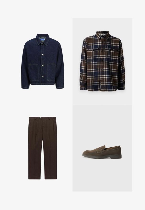 Mörkblå jeansjacka med knappstängning framtill, två stora framfickor och klassisk krage. Har kontrasterande sömmar och silverknappar.; Brun och marinblå rutig flanellskjorta med knäppning fram, två bröstfickor och klassisk krage. Mjuk struktur och medeltjock vikt.; Brun t-shirt med kort ärm i bomull, med en rosa solgrafik och "SOLAR"-text på vänster bröst. Rundhalsad design.; Bruna skräddarsydda byxor i lätt tyg med rak ben, med knappstängning framtill och två sidofickor.; Brun mockasnär med rund tå, ett rem över framfoten och en platt gummisula. Enkelt design med rena linjer och minimal detaljering.