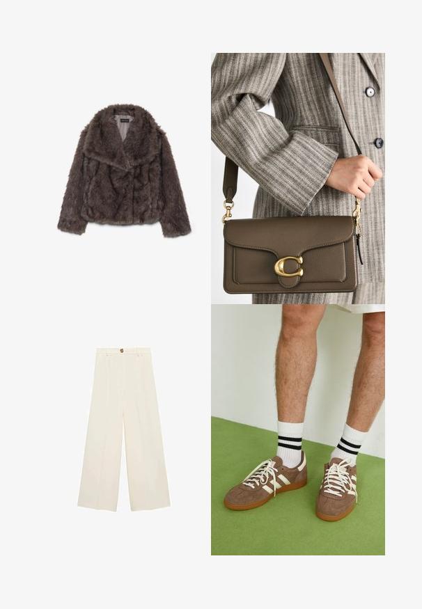 Giacca corta in finta pelliccia marrone con ampio colletto, morbida al tatto e maniche lunghe; presenta dettagli di cucitura orizzontale lungo il corpo.; Maglione marrone a maglia con scollatura a V, maniche lunghe, design leggermente corto e orlo a coste. Tessuto morbido con una finitura liscia.; Pantaloni a gamba larga color crema con vita alta, chiusura con bottone e tessuto morbido senza motivi o dettagli visibili.; Sneaker in suede marrone con dettagli e lacci bianchi. Suola in gomma color gomma. Indossati con calzini bianchi con righe nere. Pavimento verde texturizzato.; COACH TABBY SHOULDER BAG 26 - Borsa a mano - dark stone