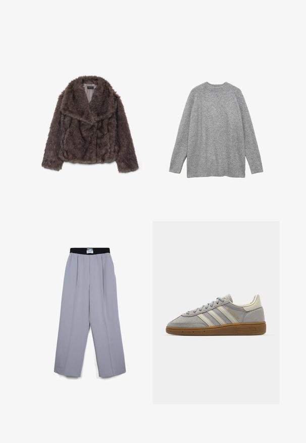Veste cropped en fausse fourrure marron avec un large col, texture douce et manches longues ; présente des détails de couture horizontale sur le corps.; Pull en tricot gris en matière douce, avec un col rond classique, des manches longues et des bords côtelés au niveau des poignets et de l'ourlet.; Pantalons larges gris clair avec ceinture élastique noire et plis, posés à plat sur un fond blanc.; Baskets en suède gris avec des rayures en cuir gris clair et une semelle en caoutchouc caramel. Les caractéristiques incluent un laçage et un branding discret sur la languette.